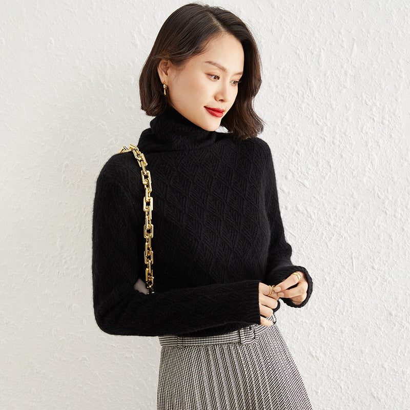 Mohair Turtleneck Sweater with Diamond Pattern Openwork for Women - Black