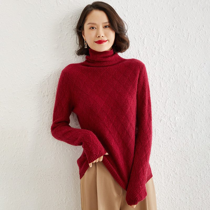 Mohair Turtleneck Sweater with Diamond Pattern Openwork for Women - Wine Red