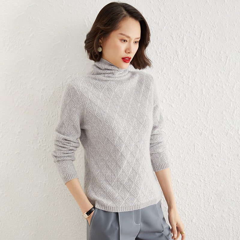 Mohair Turtleneck Sweater with Diamond Pattern Openwork for Women - Gray