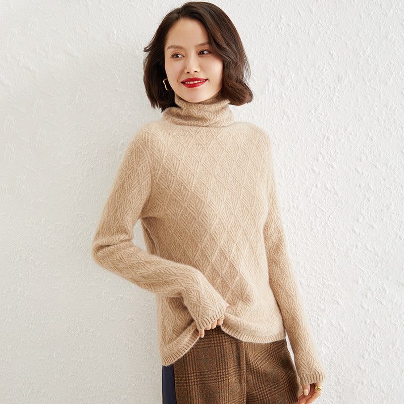 Mohair Turtleneck Sweater with Diamond Pattern Openwork for Women - Camel Brown