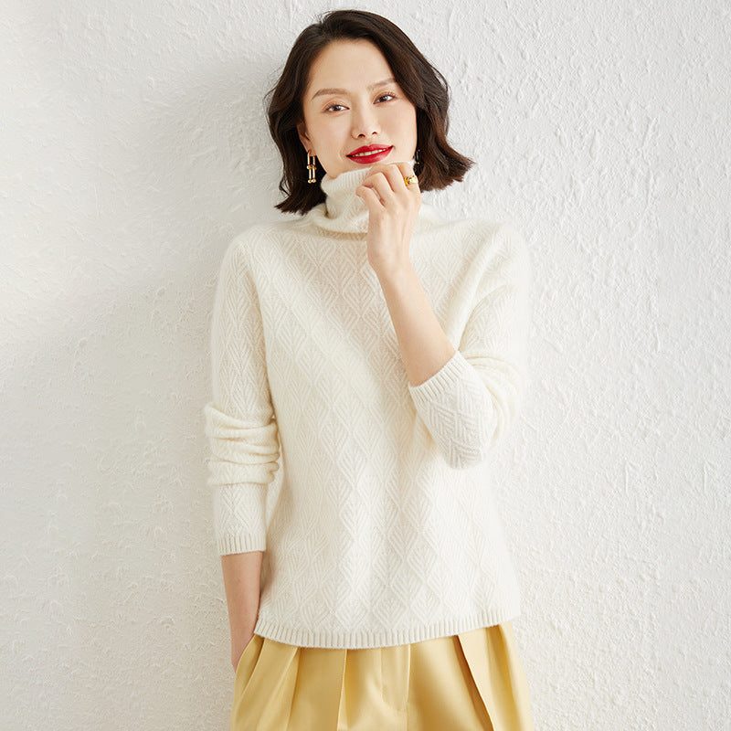 Mohair Turtleneck Sweater with Diamond Pattern Openwork for Women - White