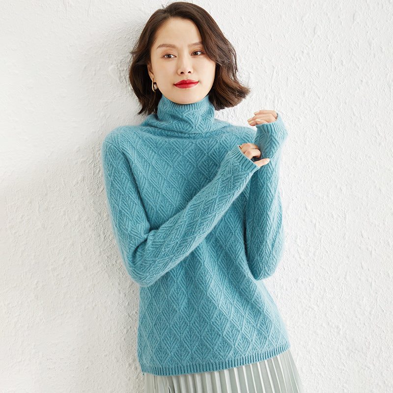 Mohair Turtleneck Sweater with Diamond Pattern Openwork for Women - Peacock Green