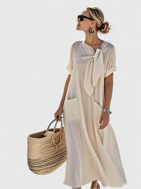 Linen Bow Neck A-Line Dress for Women