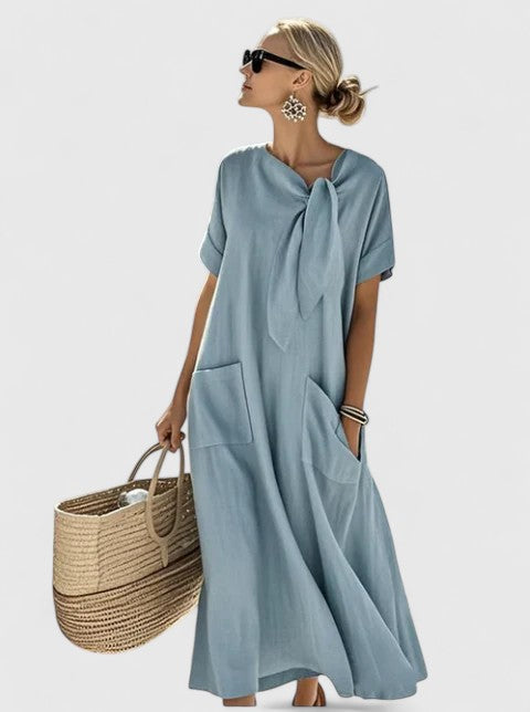 Linen Bow Neck A-Line Dress for Women