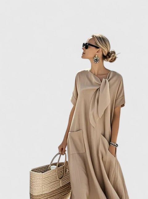 Linen Bow Neck A-Line Dress for Women