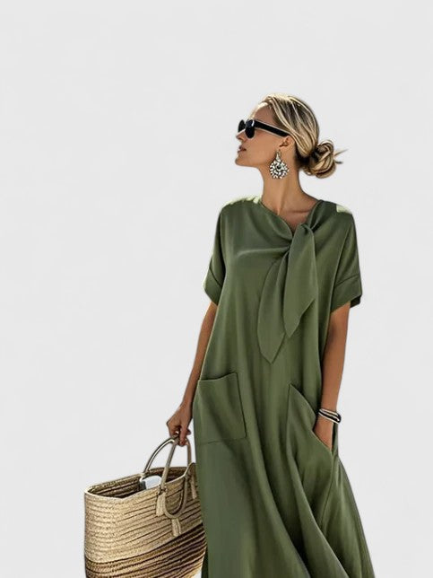Linen Bow Neck A-Line Dress for Women