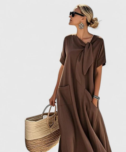 Linen Bow Neck A-Line Dress for Women