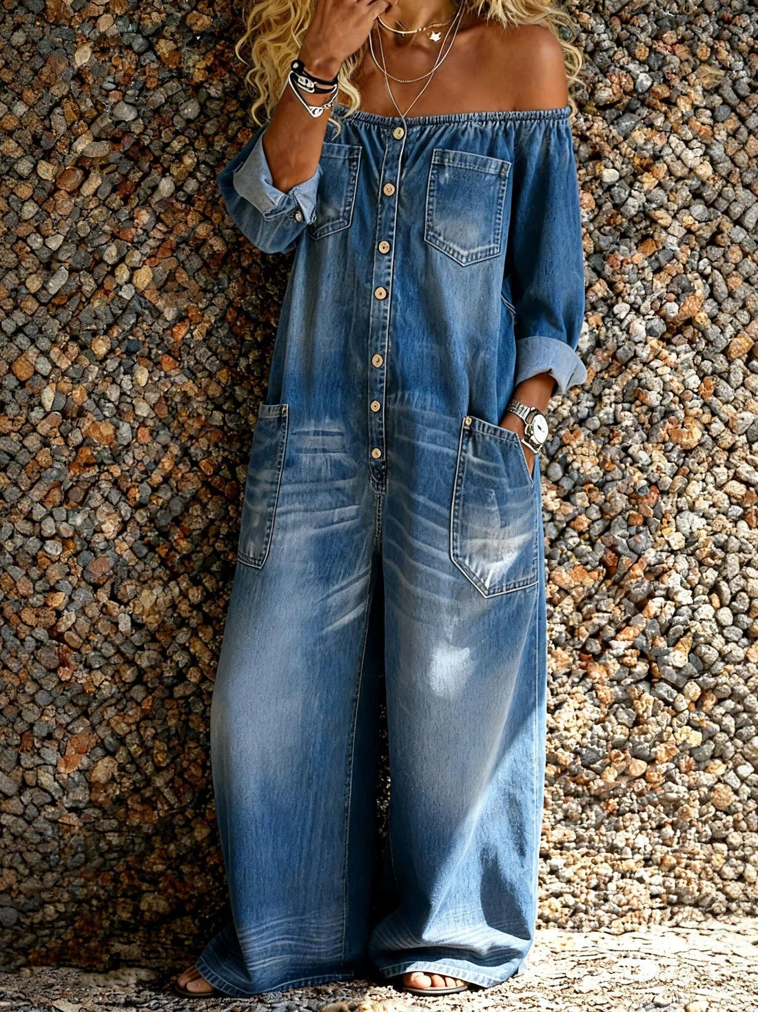 Off-Shoulder Button-Down Denim Jumpsuit for Women