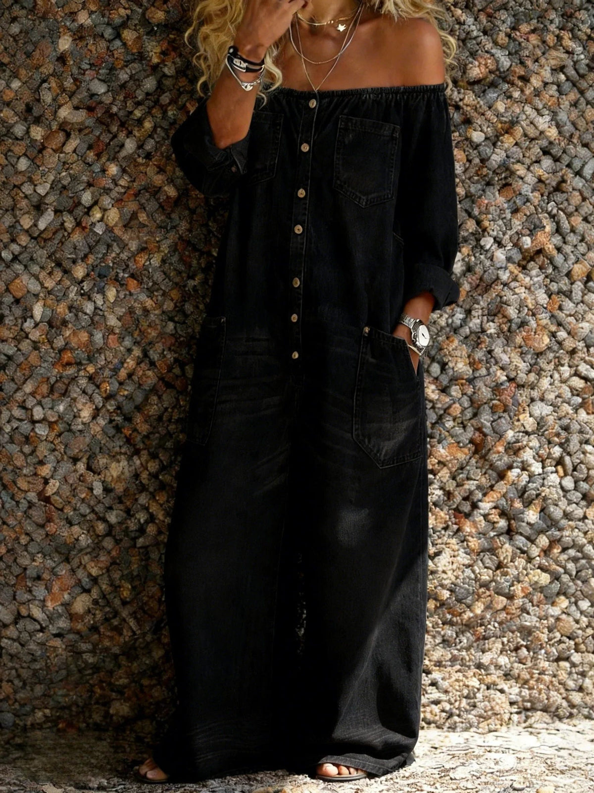 Off-Shoulder Button-Down Denim Jumpsuit for Women - Black