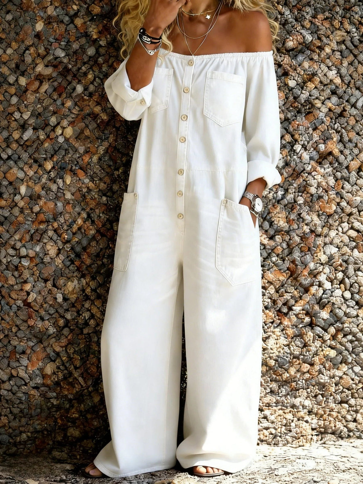 Off-Shoulder Button-Down Denim Jumpsuit for Women - White
