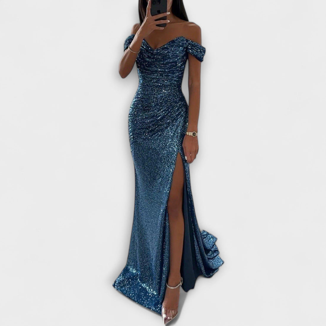 Off-Shoulder Glitter Maxi Dress for Women