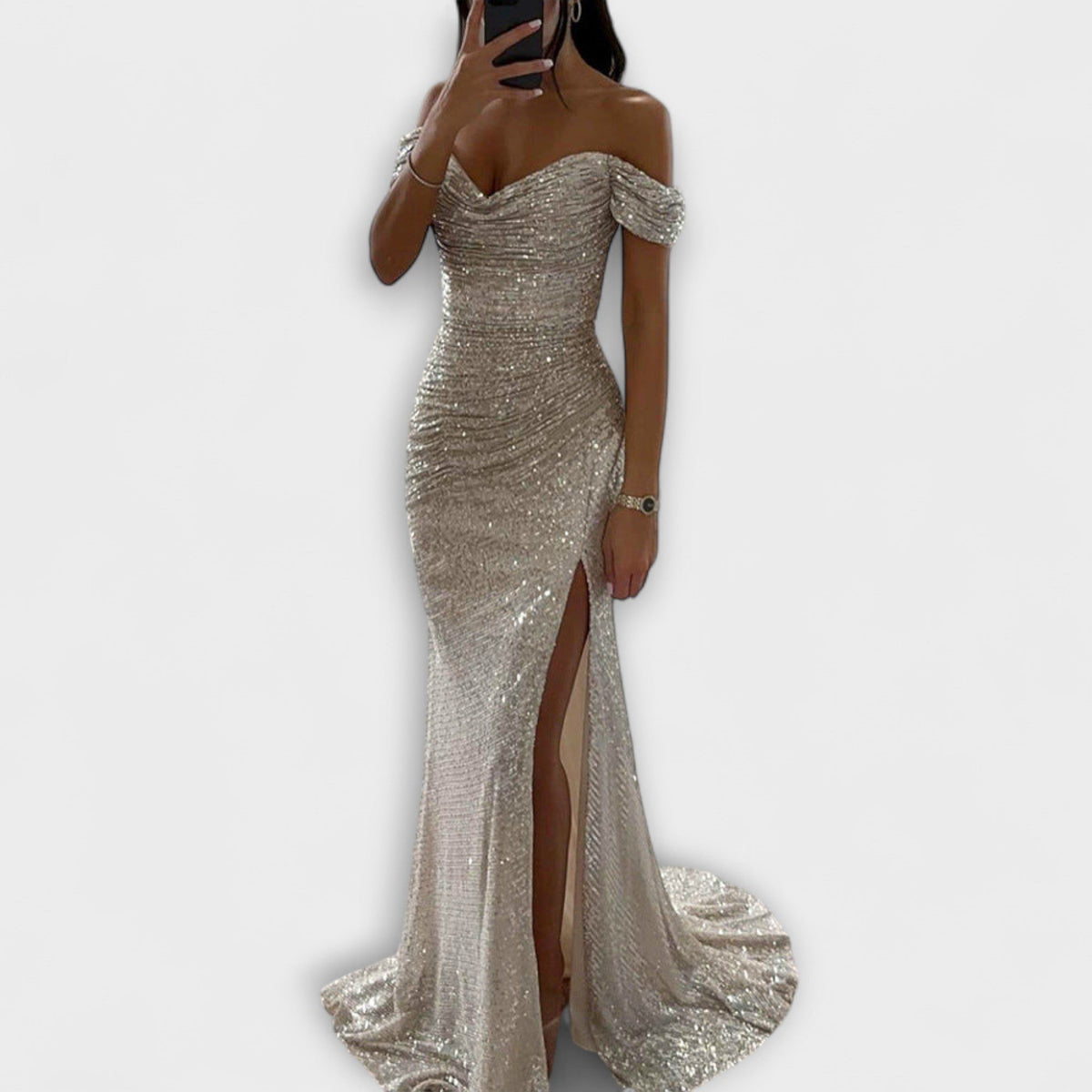 Off-Shoulder Glitter Maxi Dress for Women - Silver