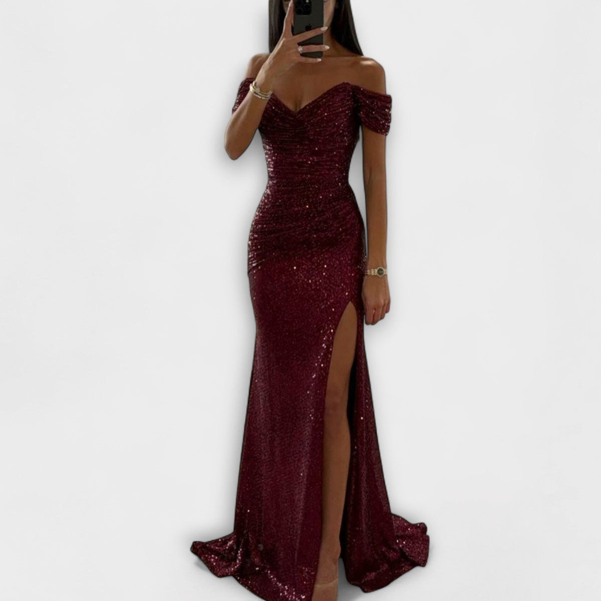 Off-Shoulder Glitter Maxi Dress for Women - Burgundy