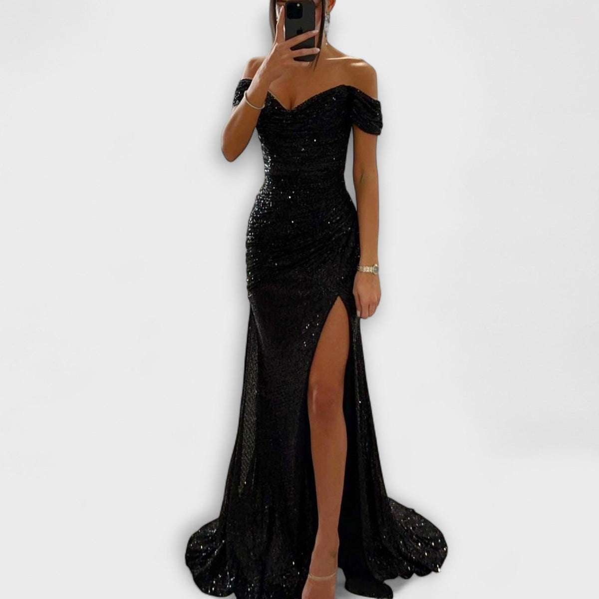 Off-Shoulder Glitter Maxi Dress for Women - Black