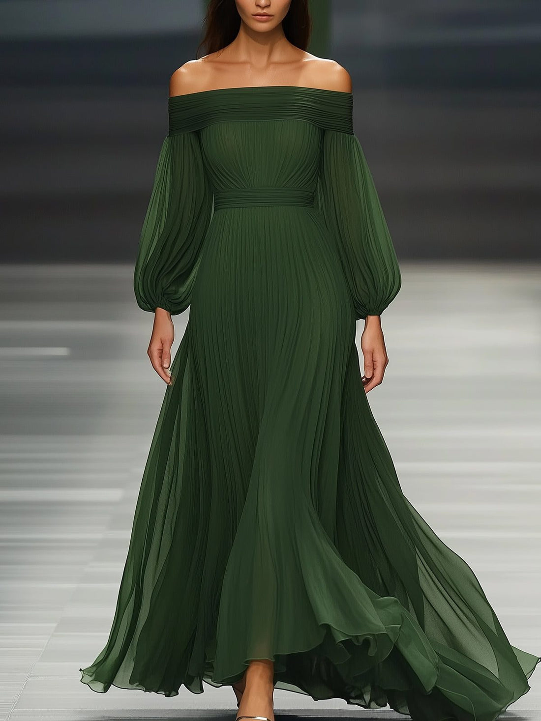 Off-Shoulder Puffed Sleeve Fall Wedding Guest Maxi Dress for Women