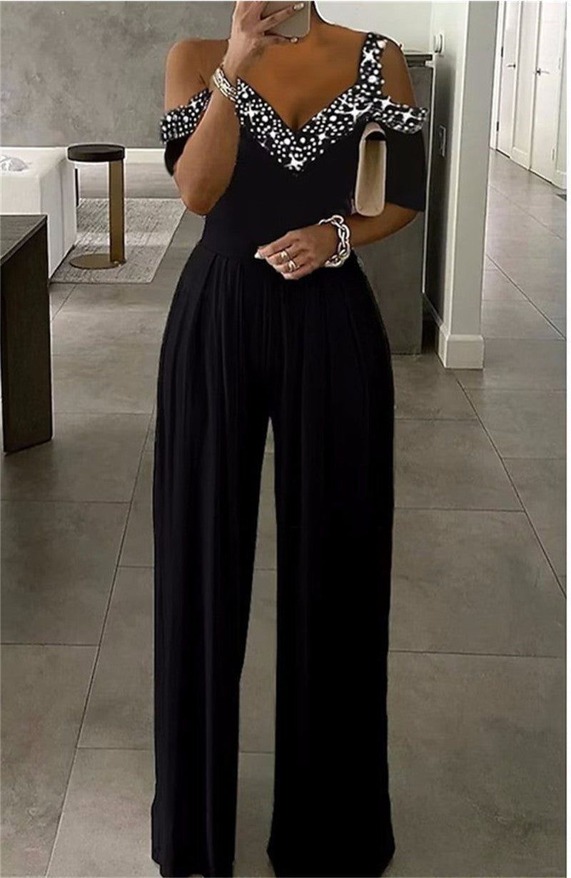 Off-Shoulder Sequin Jumpsuit for Women - Black