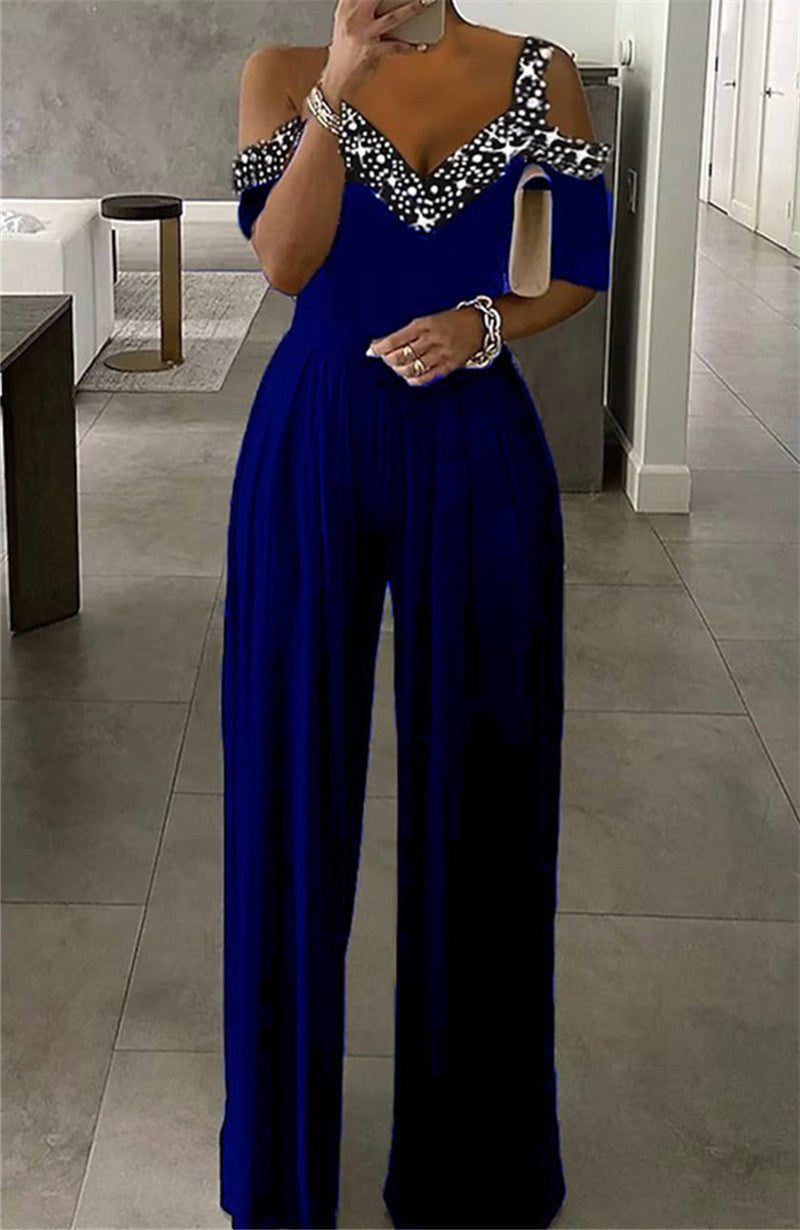 Off-Shoulder Sequin Jumpsuit for Women - Blue