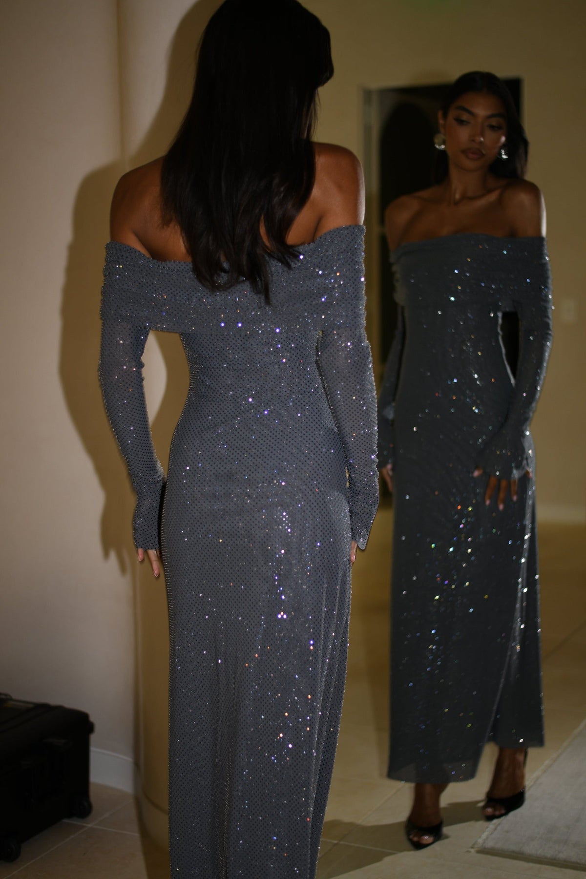 Off-Shoulder Sequin Maxi Dress with Long Sleeves for Women - View 3