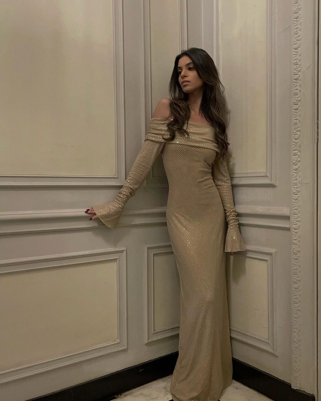 Off-Shoulder Sequin Maxi Dress with Long Sleeves for Women - View 8