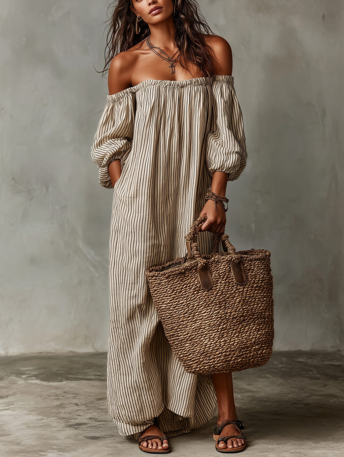 Off-Shoulder Striped Linen Blend Maxi Dress for Women