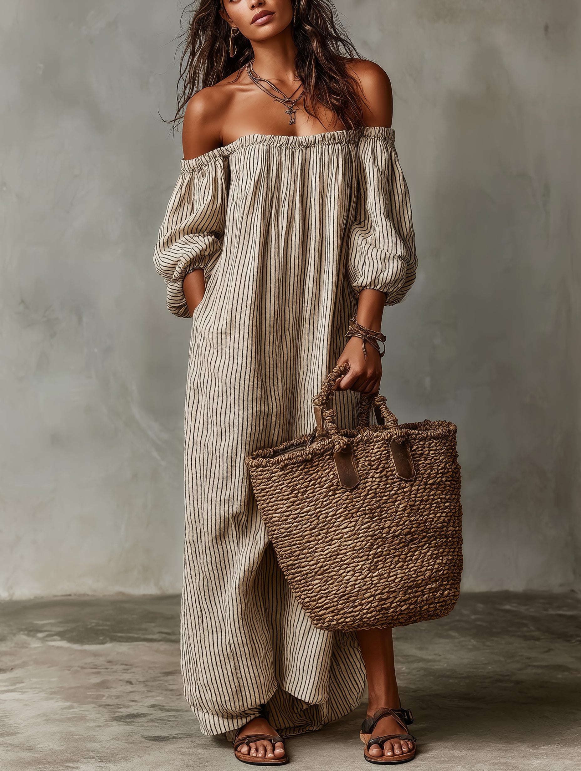 Off-Shoulder Striped Linen Blend Maxi Dress for Women