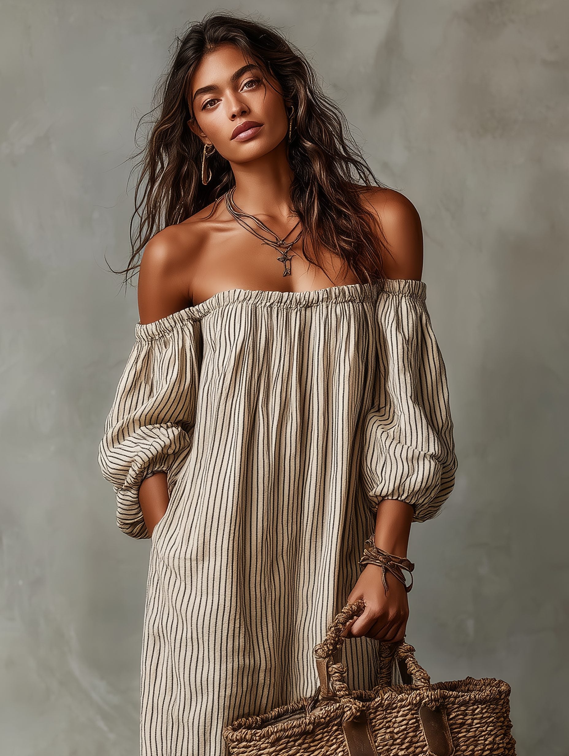 Off-Shoulder Striped Linen Blend Maxi Dress for Women - View 3