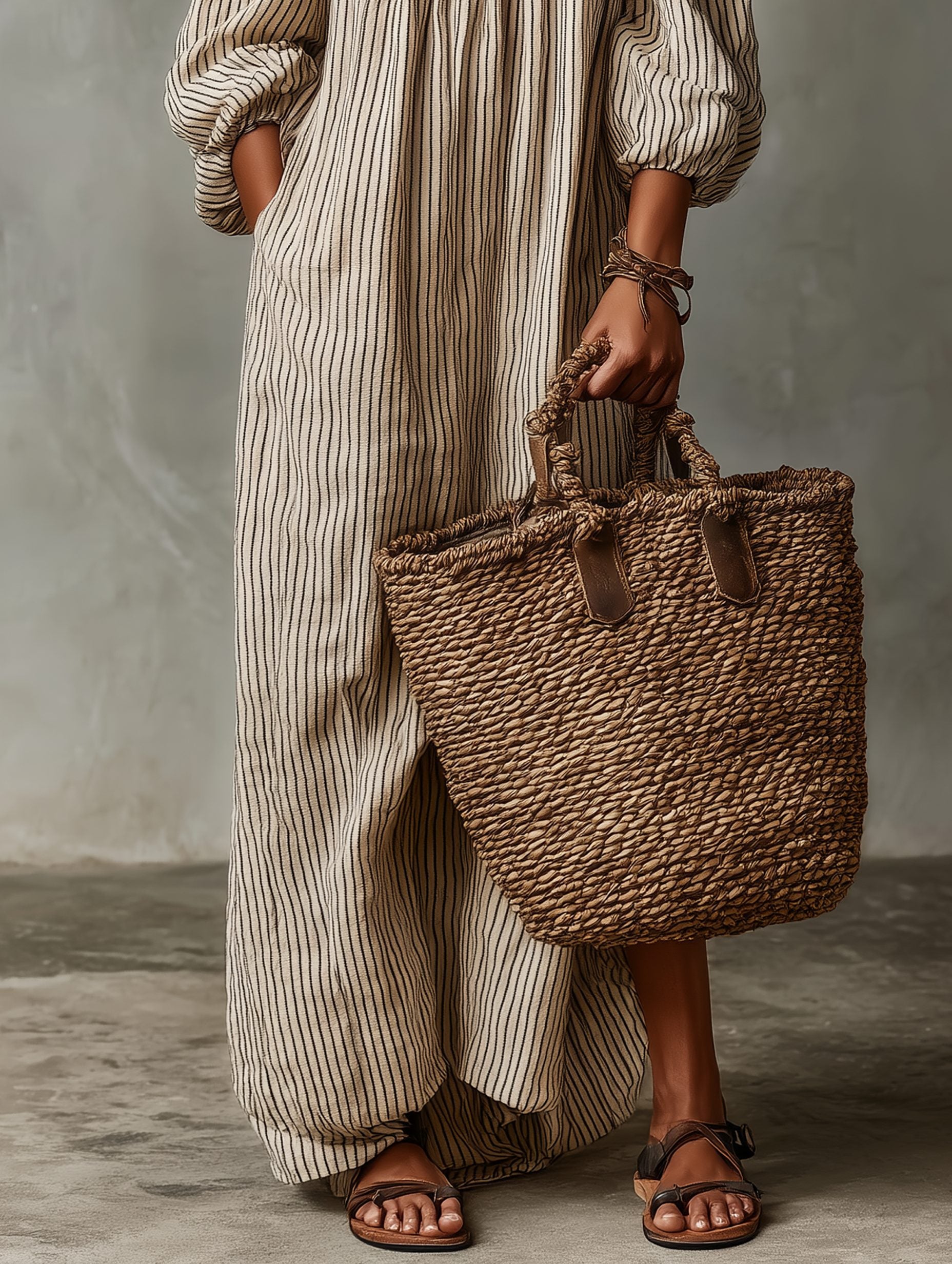 Off-Shoulder Striped Linen Blend Maxi Dress for Women - View 4