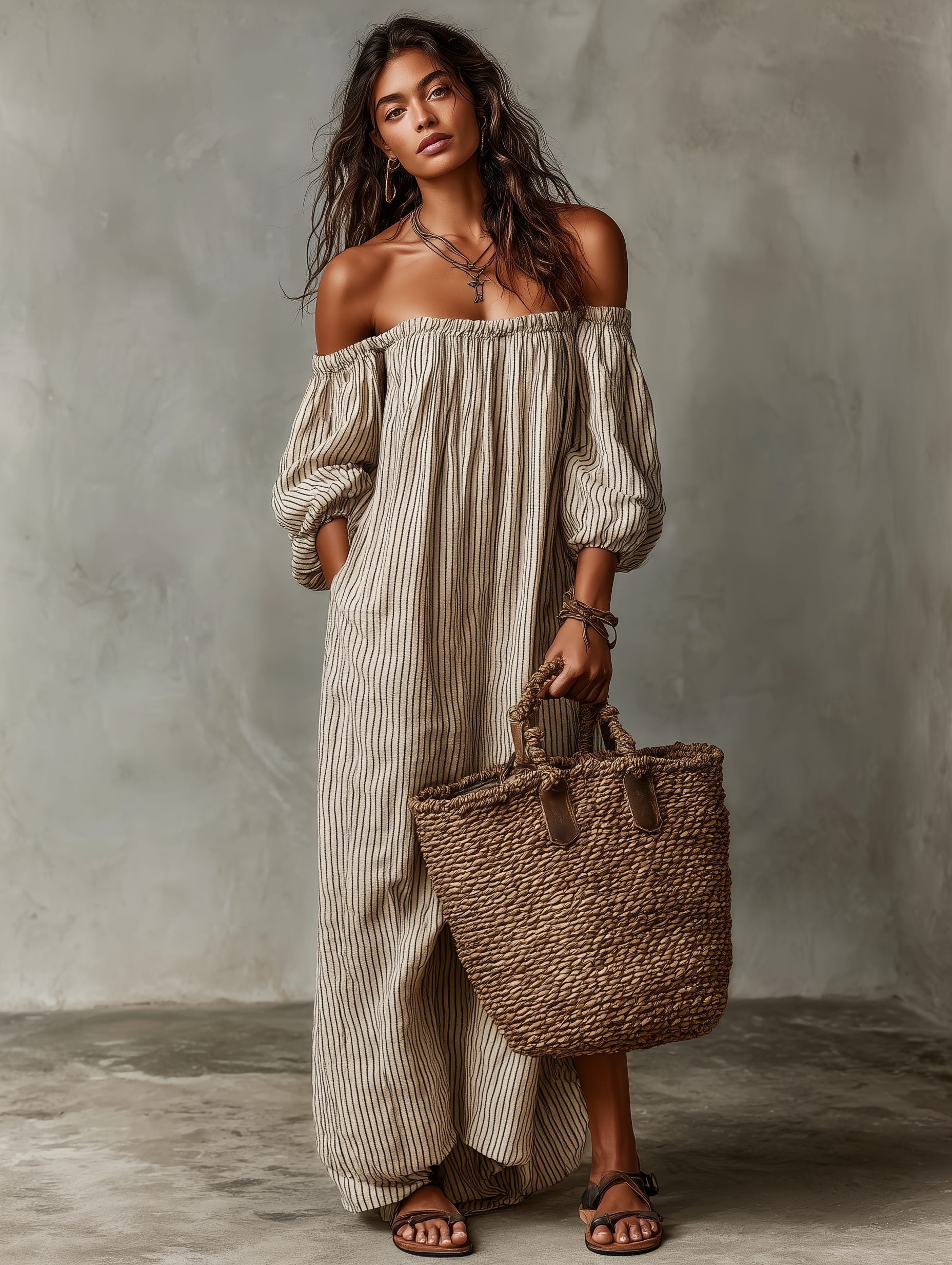 Off-Shoulder Striped Linen Blend Maxi Dress for Women - View 5