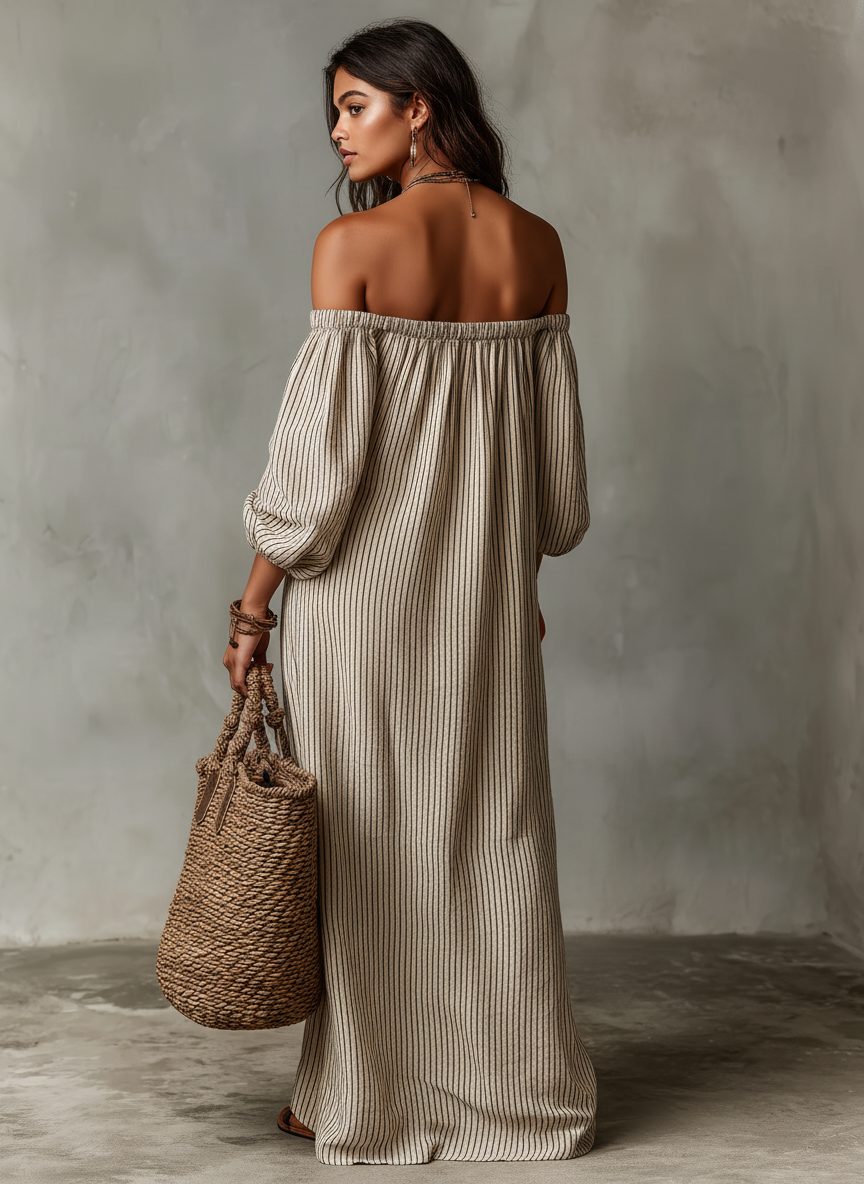 Off-Shoulder Striped Linen Blend Maxi Dress for Women - View 6