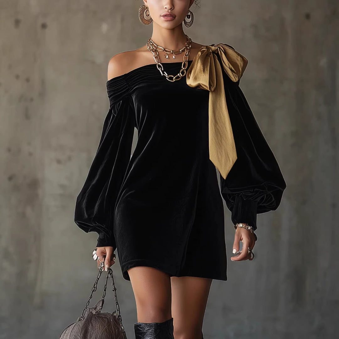 Off-Shoulder Velvet Mini Dress with Bow Detail for Women
