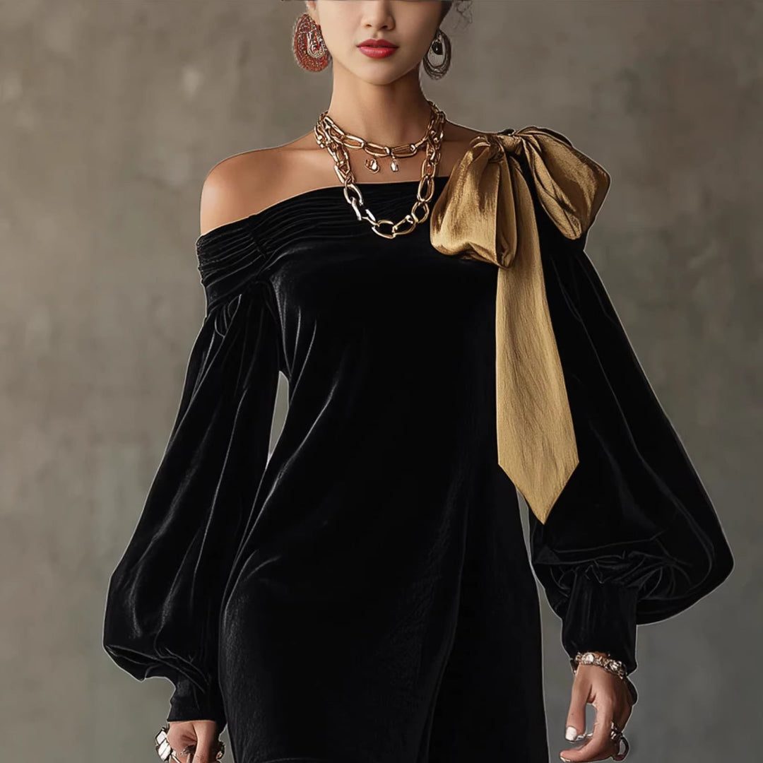 Off-Shoulder Velvet Mini Dress with Bow Detail for Women - View 2