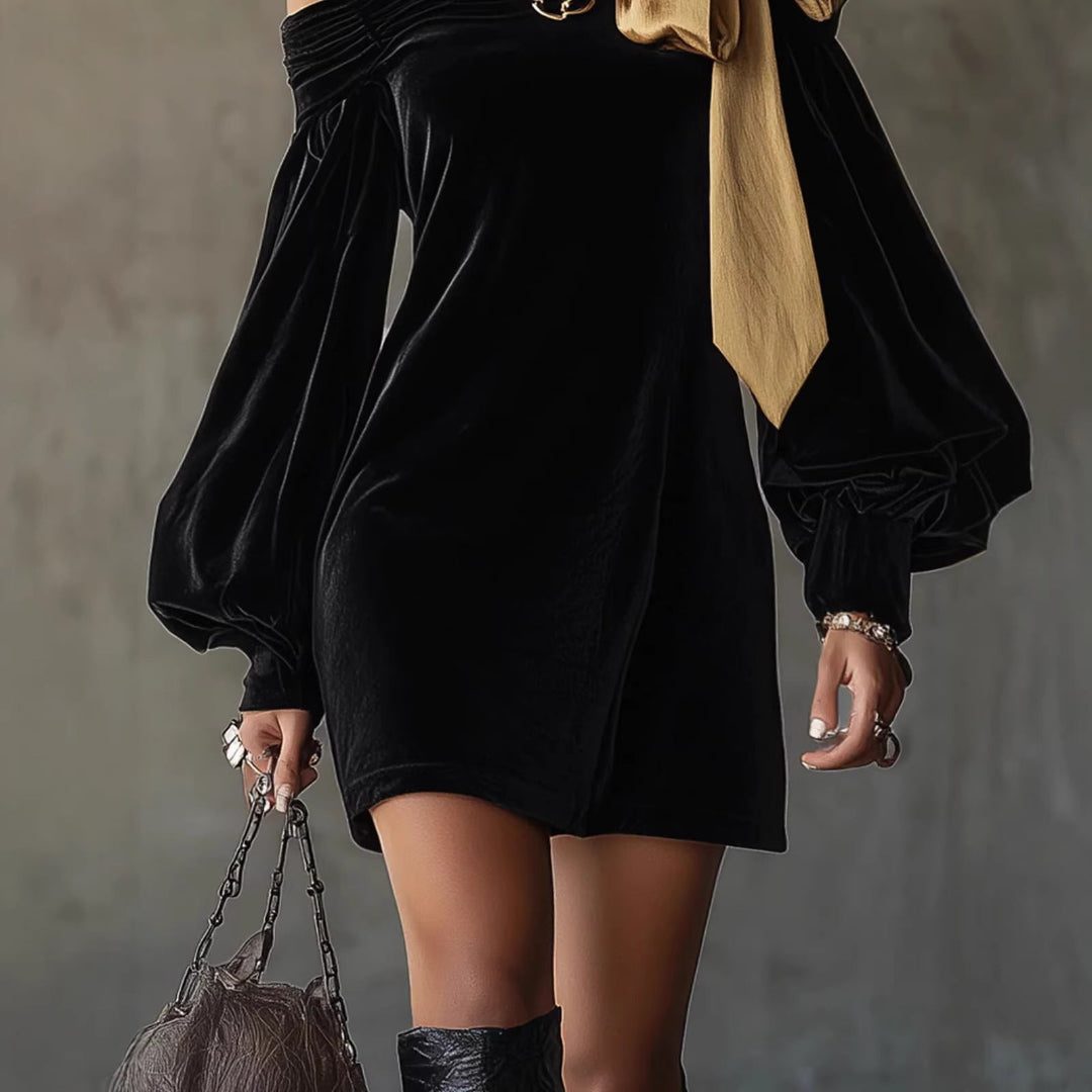 Off-Shoulder Velvet Mini Dress with Bow Detail for Women - View 3