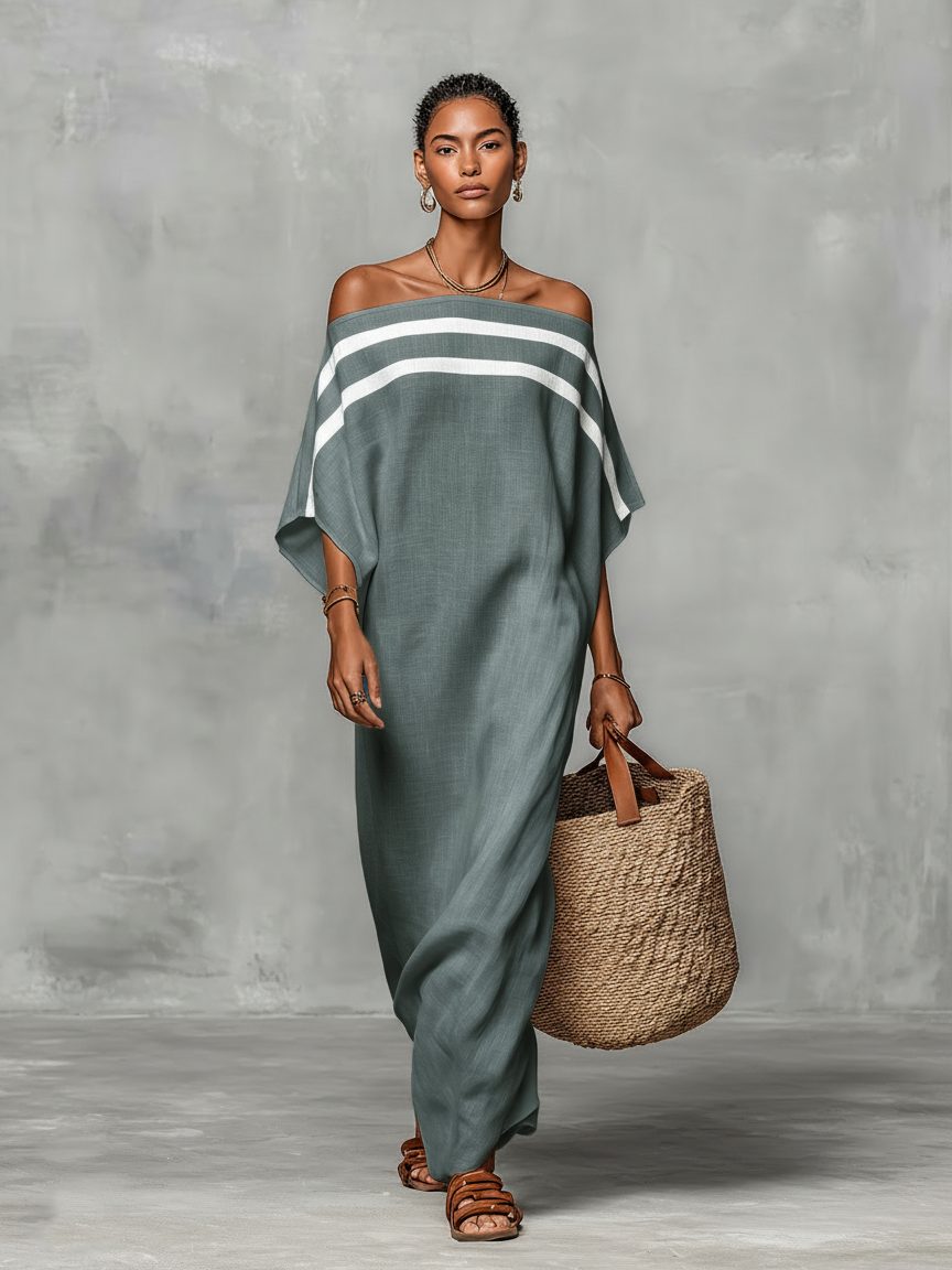 Off-the-Shoulder Batwing Sleeve Maxi Dress for Women - Light Blue