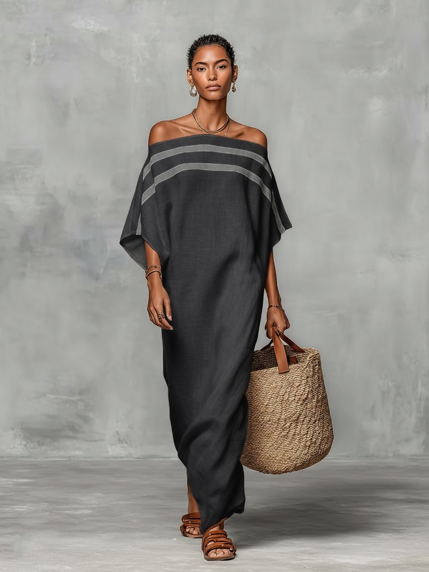 Off-the-Shoulder Batwing Sleeve Maxi Dress for Women - Dark Gray