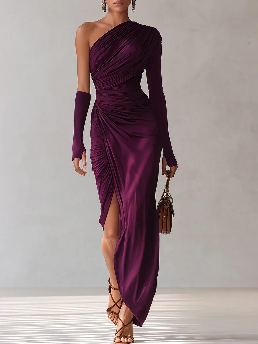 One-Shoulder Long Sleeve Maxi Dress with Side Slit for Women