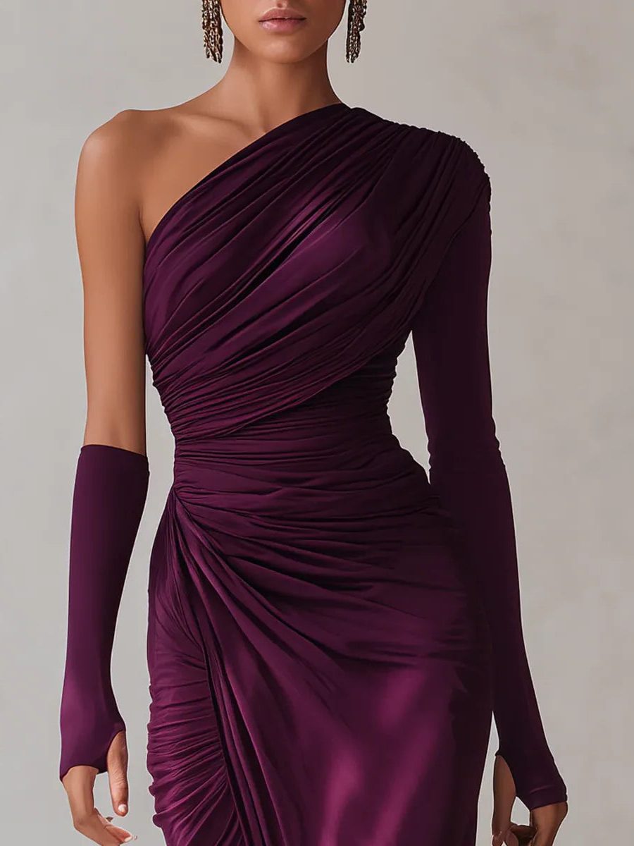 One-Shoulder Long Sleeve Maxi Dress with Side Slit for Women
