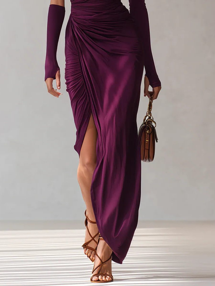 One-Shoulder Long Sleeve Maxi Dress with Side Slit for Women - View 3
