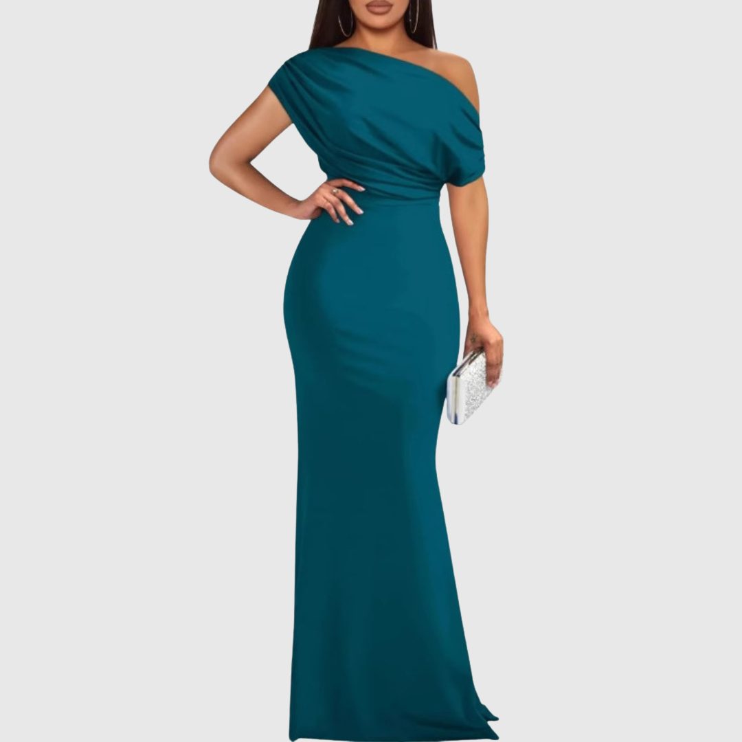 One-Shoulder Maxi Gown for Women - Malachite Green