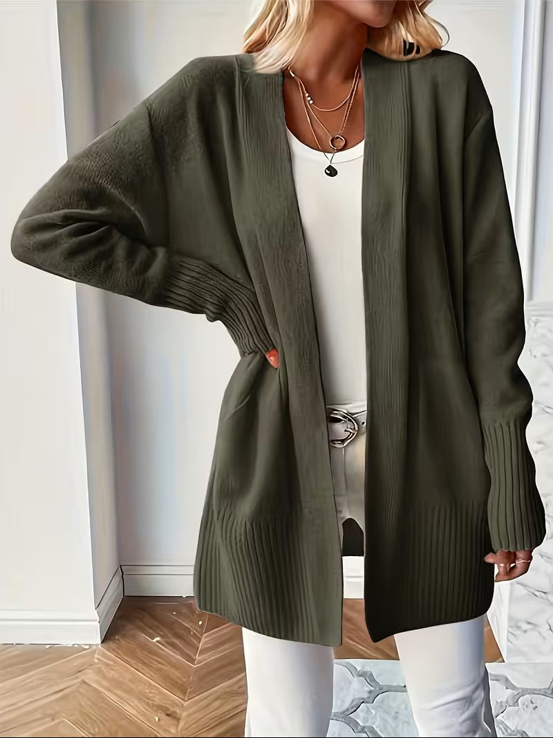 Open Front Long Cardigan for Women - Olive Green