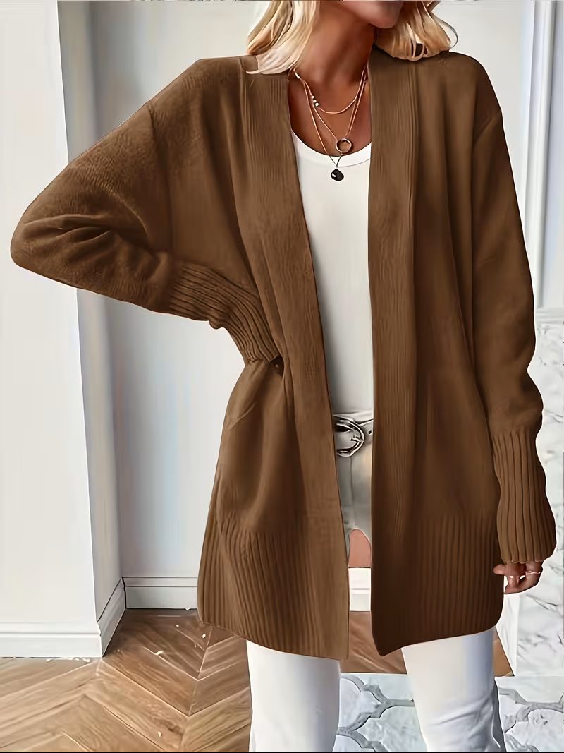 Open Front Long Cardigan for Women - Coffee Brown
