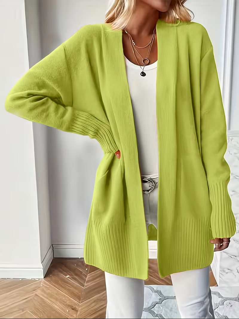 Open Front Long Cardigan for Women - Greenish Yellow