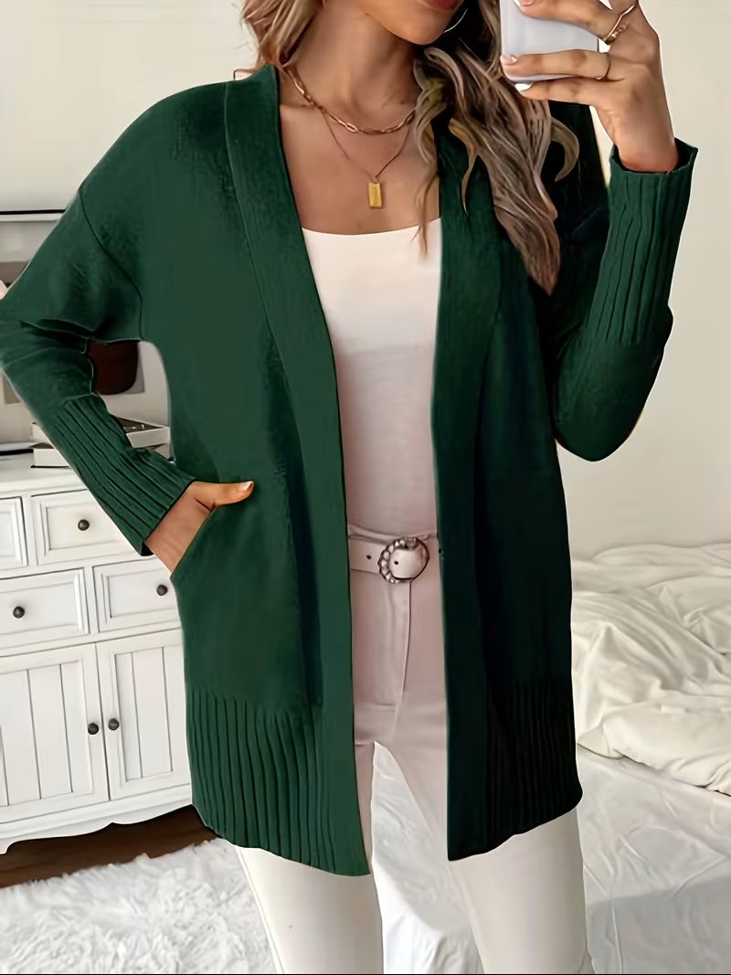 Open Front Long Cardigan for Women - Dark Green