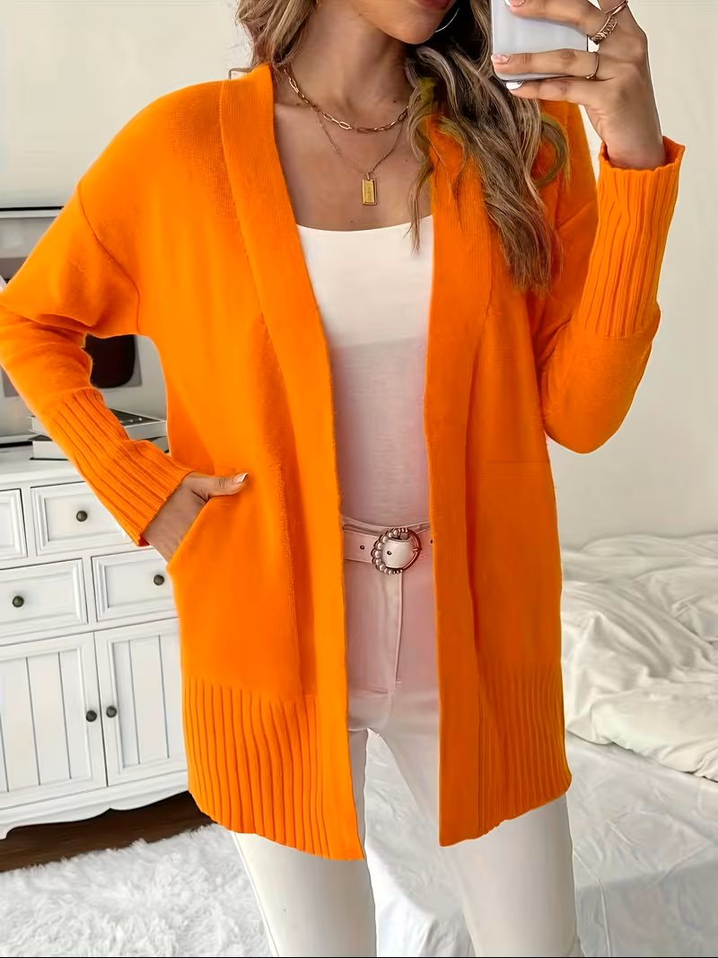 Open Front Long Cardigan for Women - Orange Red