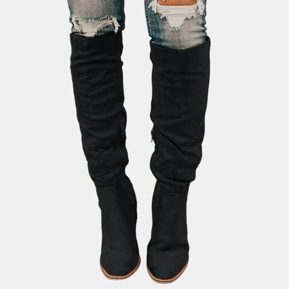 Over-the-Knee Block Heel Stretch Boots for Women - Black