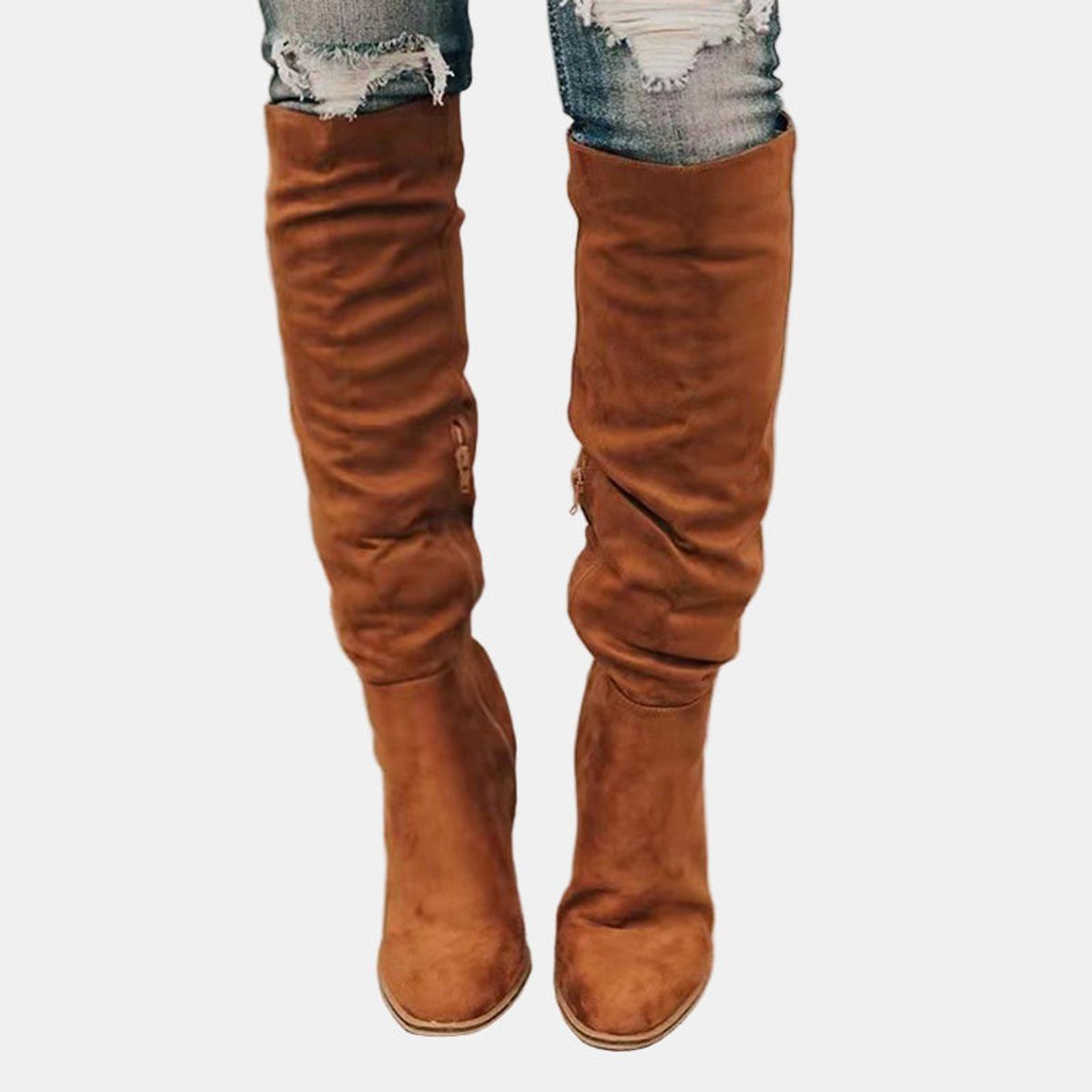 Over-the-Knee Block Heel Stretch Boots for Women - Brown