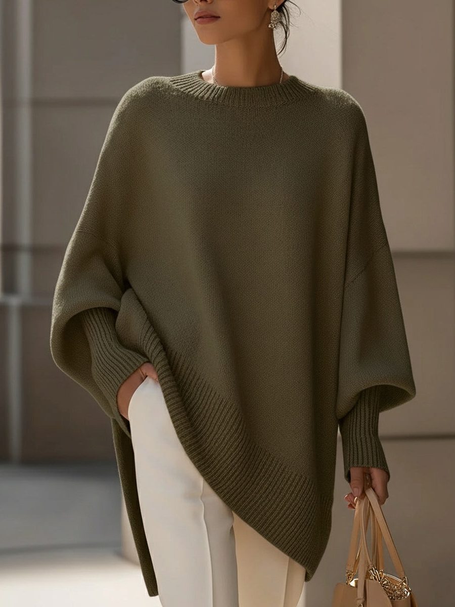 Oversized Asymmetrical Merino Wool Knit Sweater for Women - Olive Green