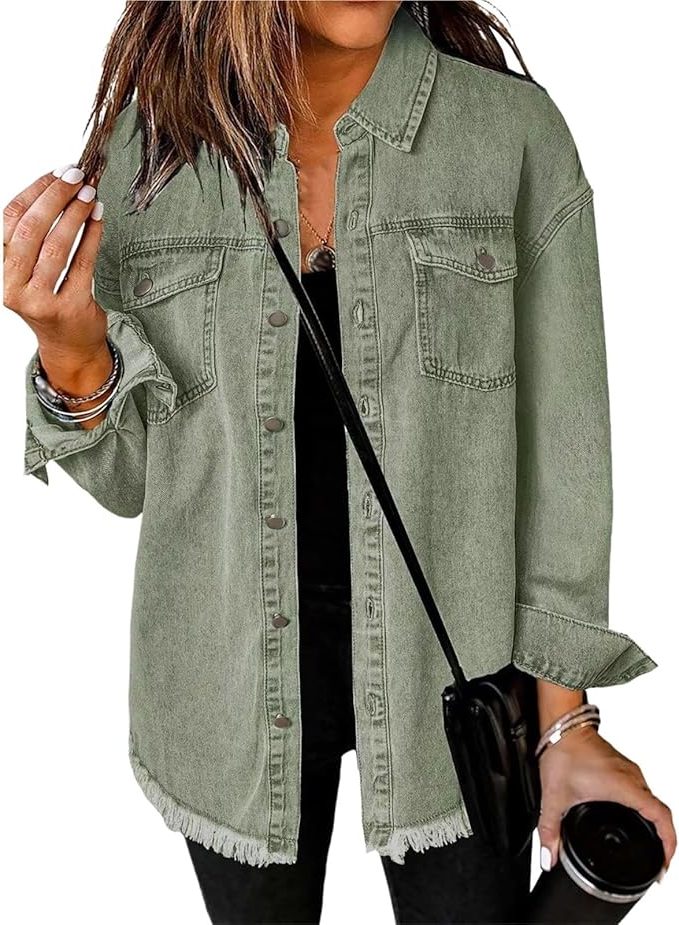 Oversized Button-Down Jean Jacket for Women - Green