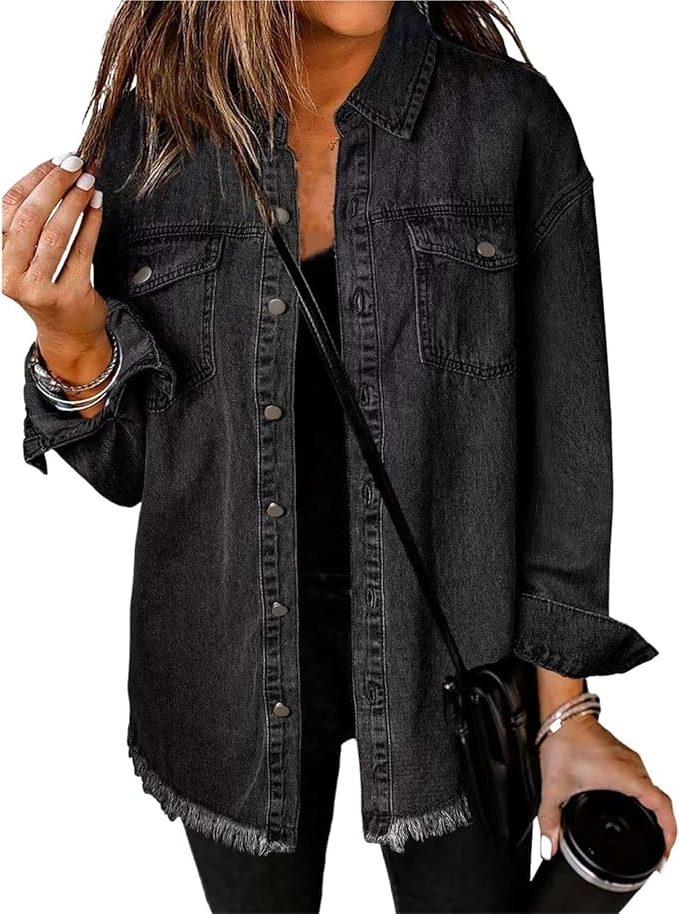 Oversized Button-Down Jean Jacket for Women - Black