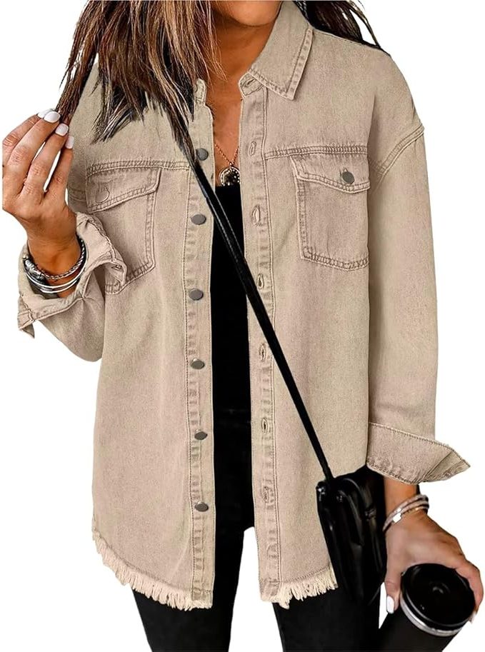 Oversized Button-Down Jean Jacket for Women - Beige
