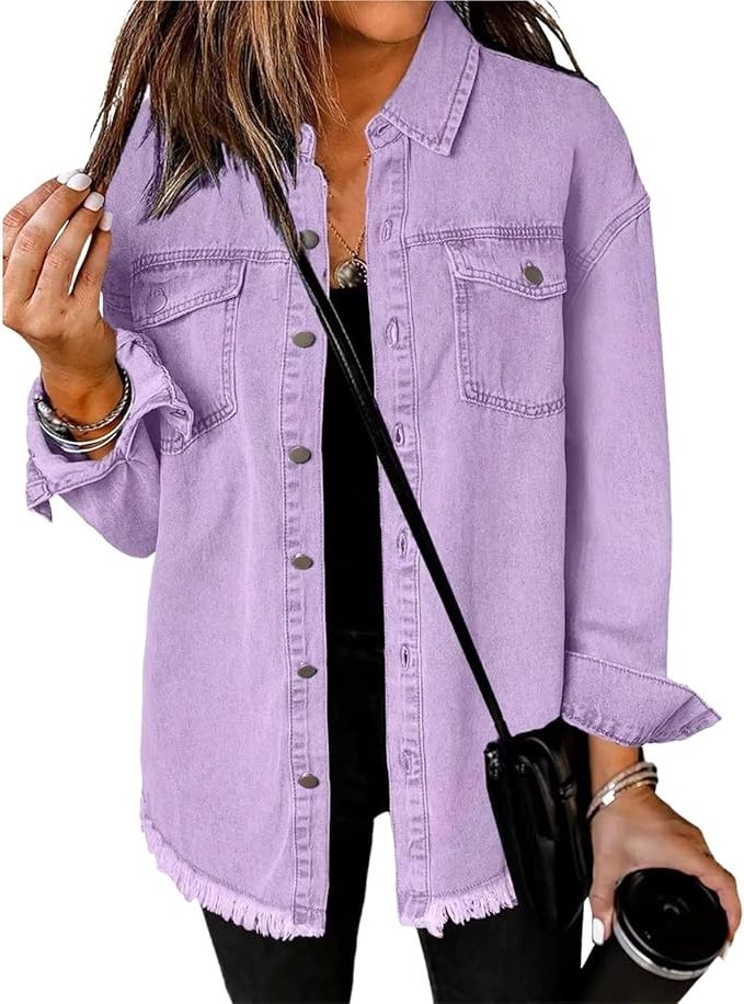 Oversized Button-Down Jean Jacket for Women - Purple